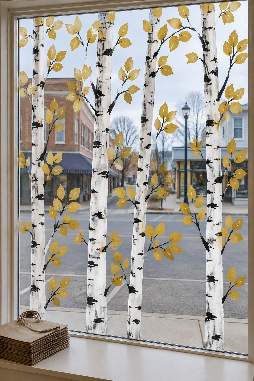 White birch trunks with black markings and small gold leaves painted from the bottom to the top of a storefront window.