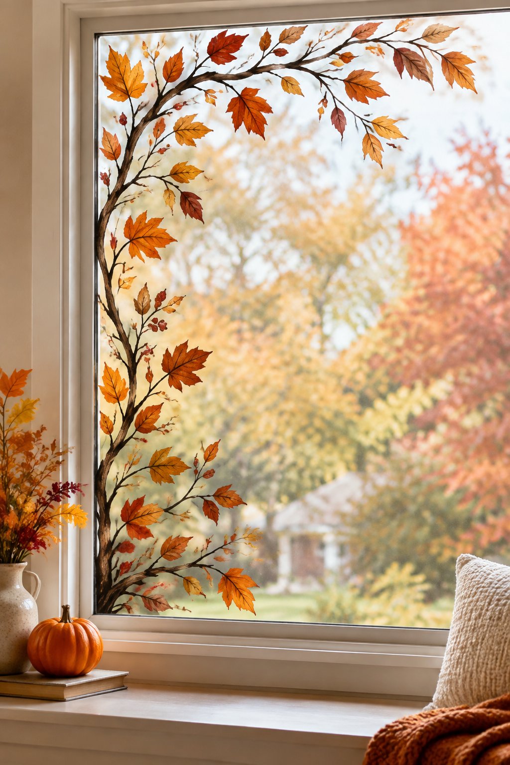 A dark branch with red, orange and gold leaves painted sweeping down from the upper corner of a window.