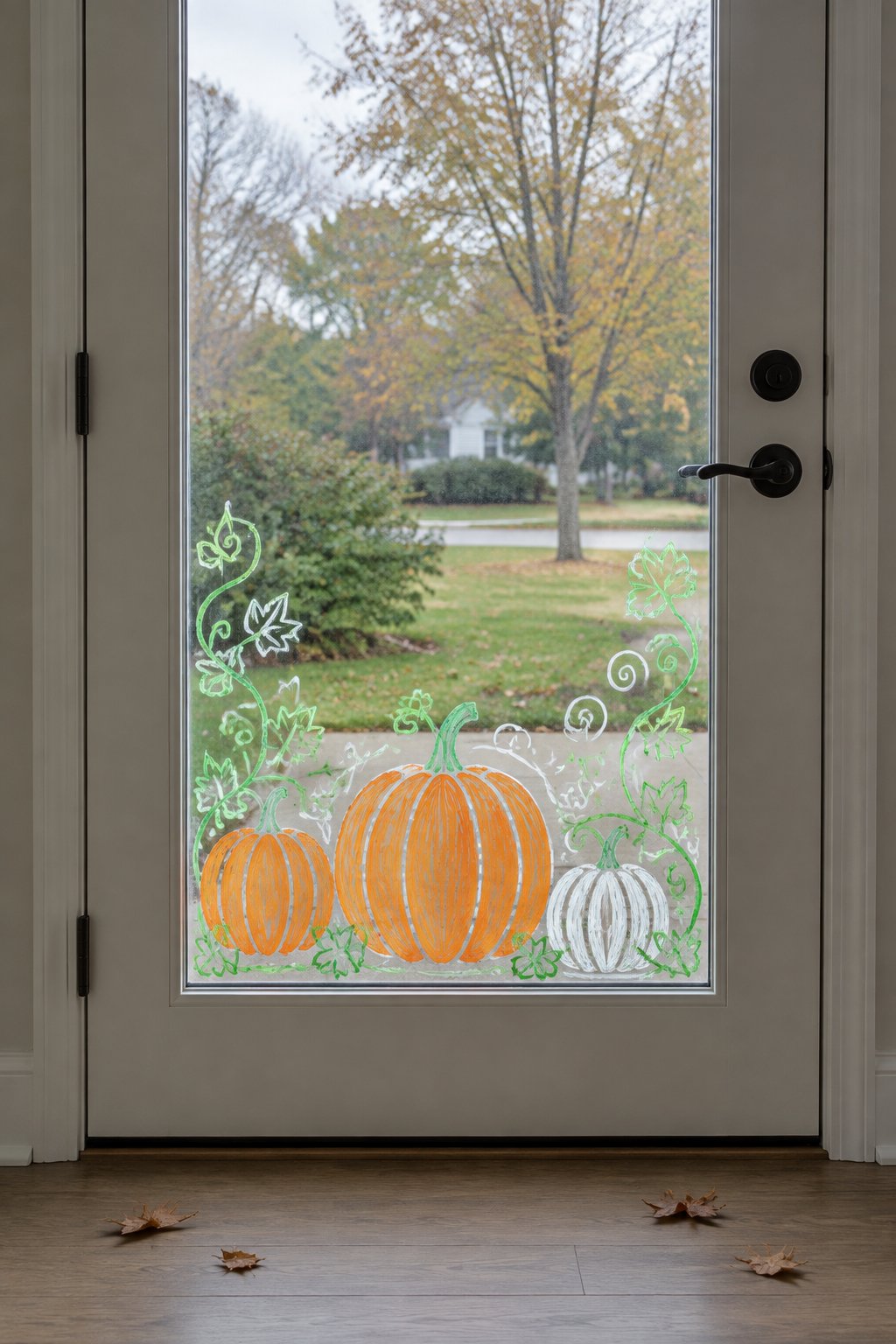 Chalk-style white and orange pumpkins with curling vines drawn on the lower half of a front door's glass.