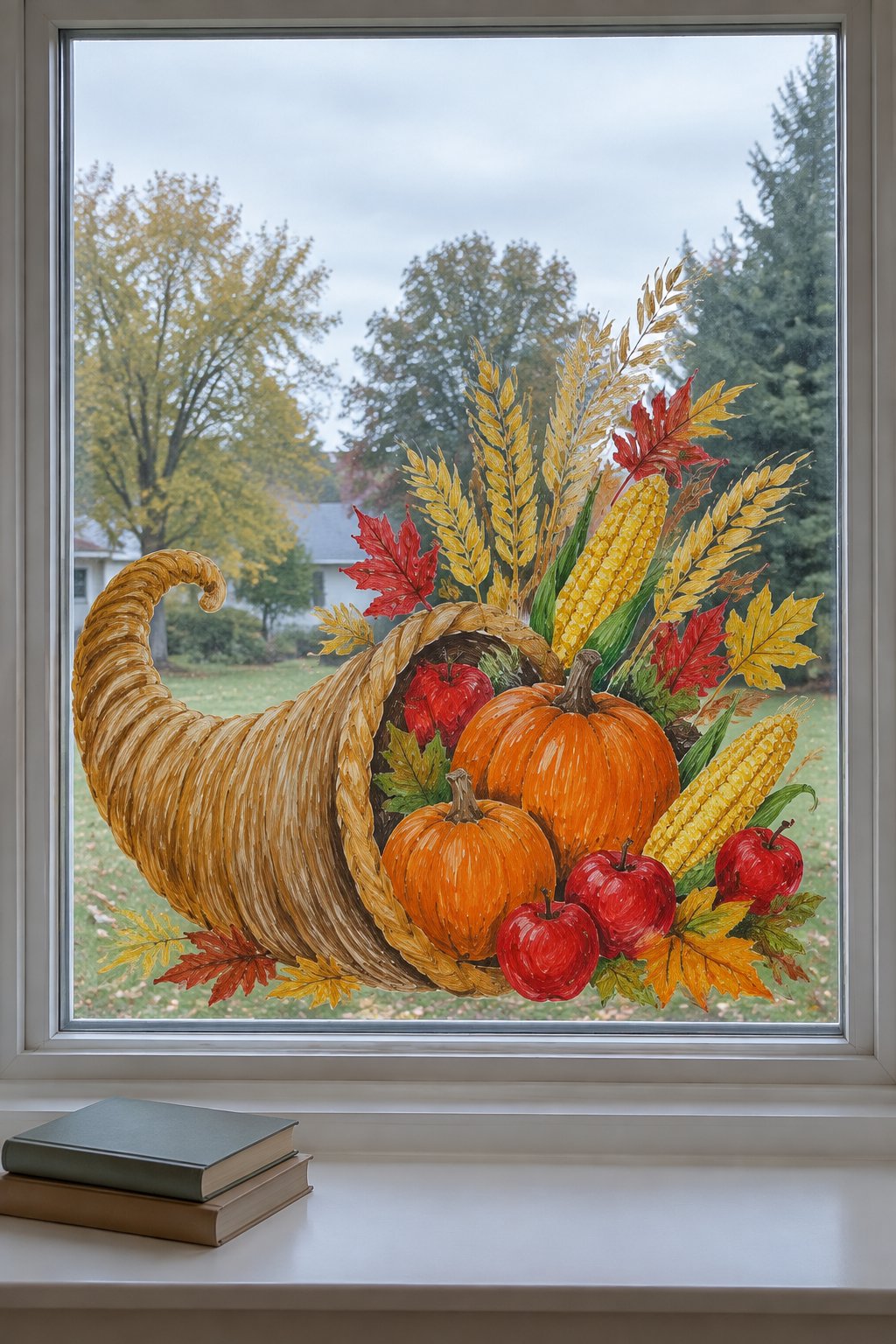A tan cornucopia spilling pumpkins, apples, corn and wheat, painted along the bottom of a picture window.