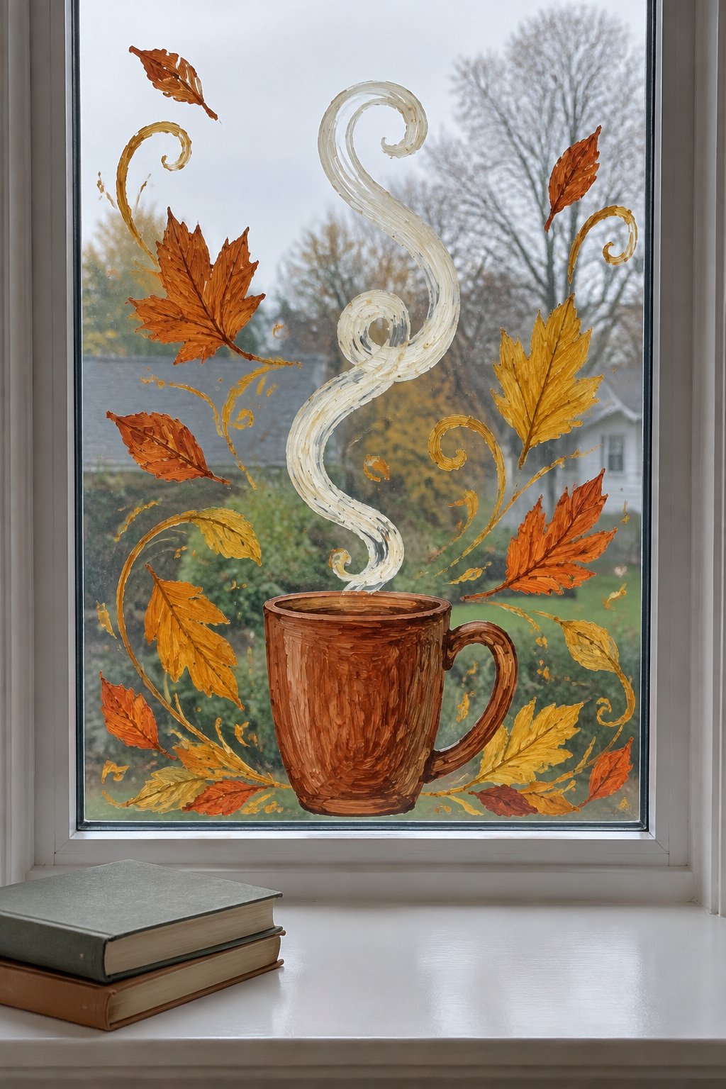 A brown mug with a curl of cream steam and swirling orange and gold leaves, painted on a window.
