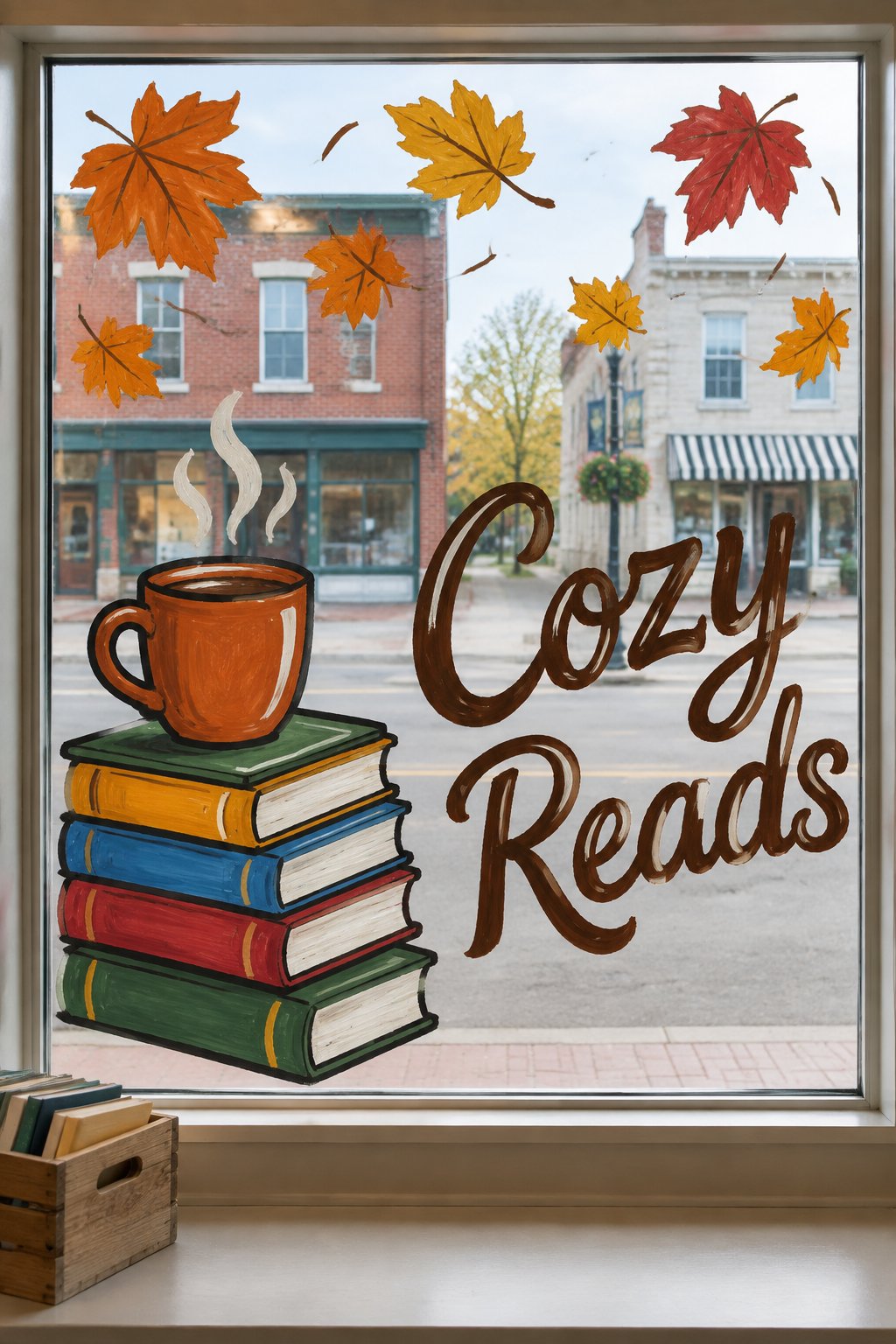 An orange coffee mug on a stack of books with falling maple leaves and brown Cozy Reads script, painted on a bookshop window.