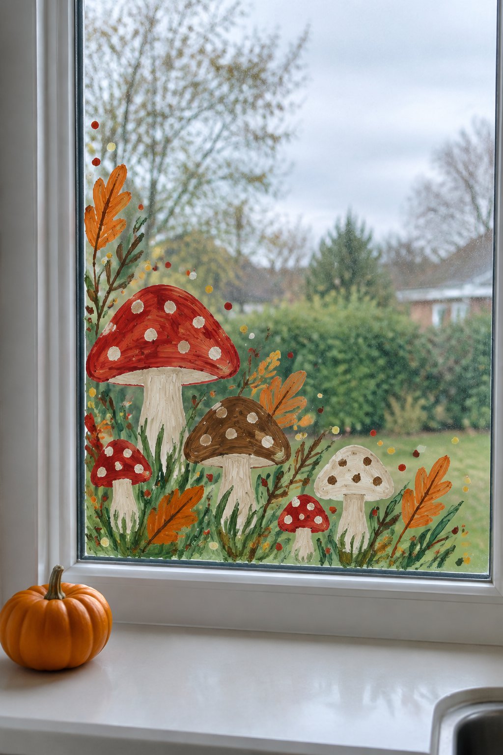 Red, cream and brown mushroom doodles with grass and orange leaves in the corner of a kitchen window.