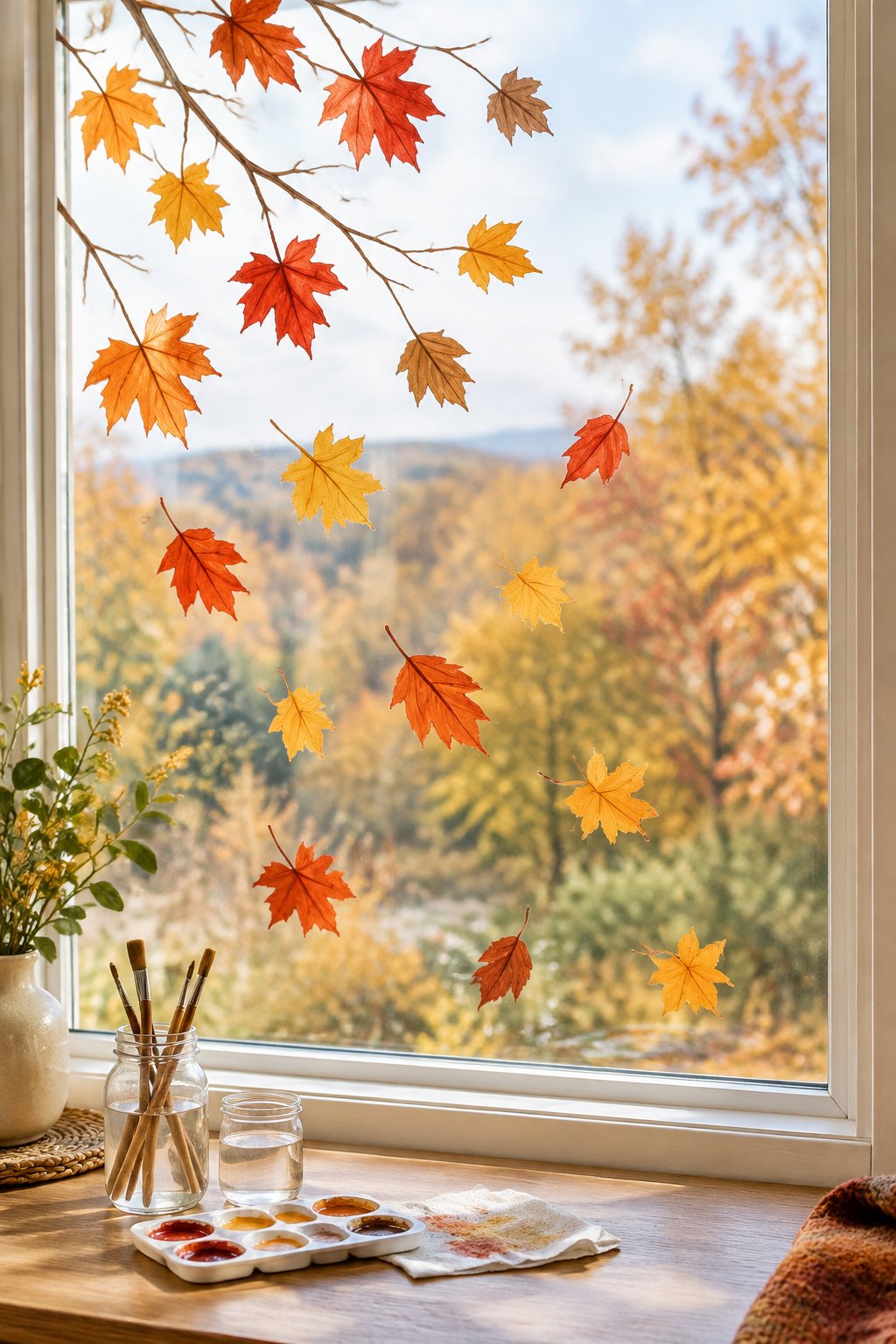 Red, orange and yellow maple leaves painted drifting across a tall window, with a paint palette and brushes on the sill.