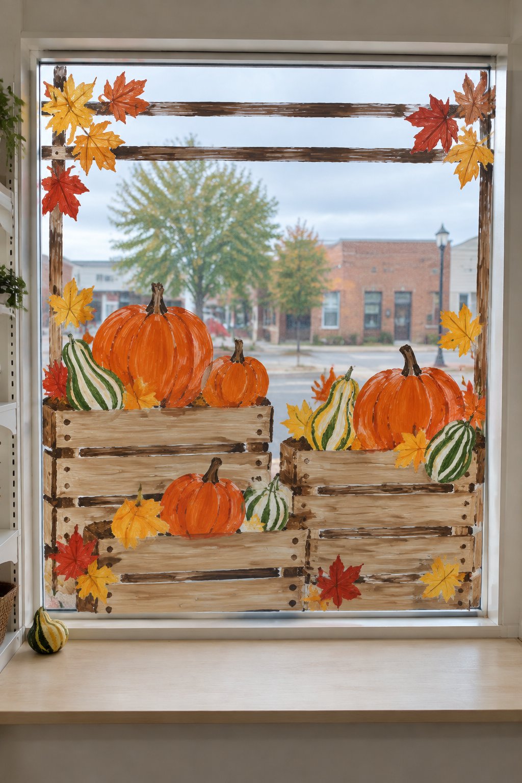 Wooden farm stand crates filled with pumpkins and gourds, framed by fall leaves, painted on a shop window.
