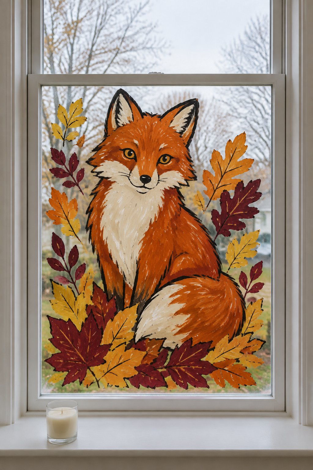 A rust-red fox with a cream chest sitting among burgundy, gold and orange leaves, painted on a tall window.