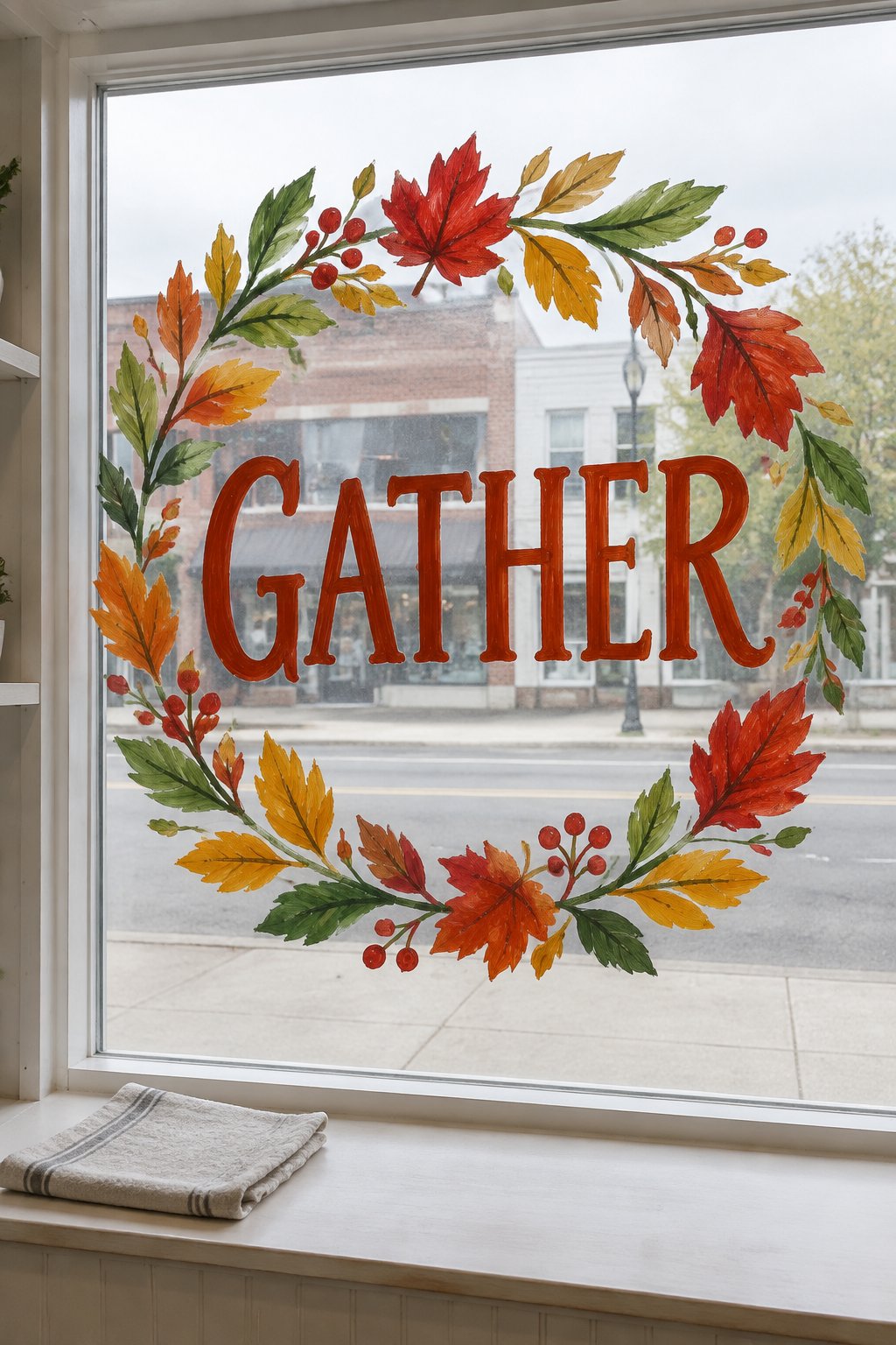 Gather in large rust letters inside a wreath of red, gold, orange and green leaves on a shop window.
