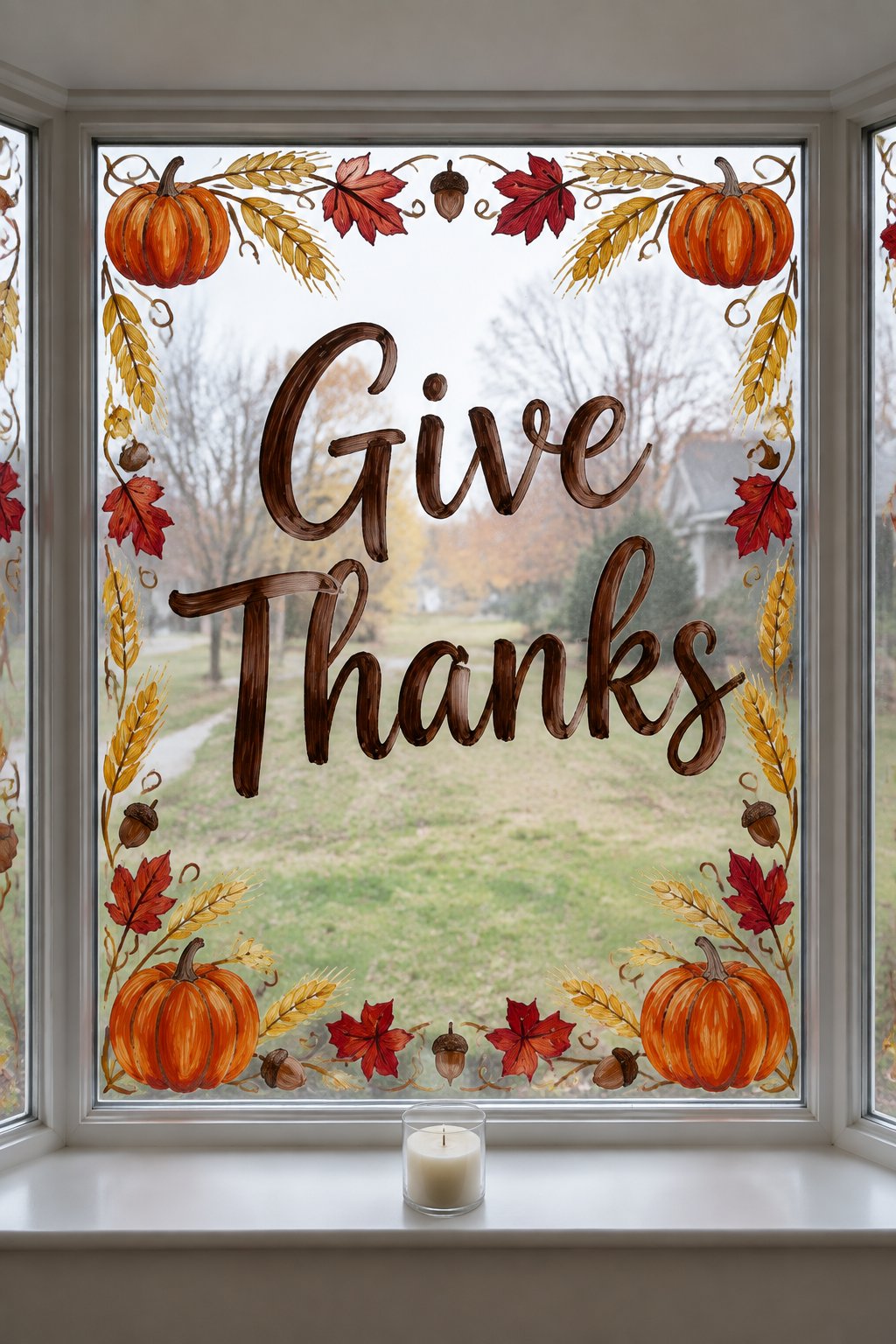 Give Thanks in dark brown script framed by wheat, pumpkins and red leaves, painted on a bay window.