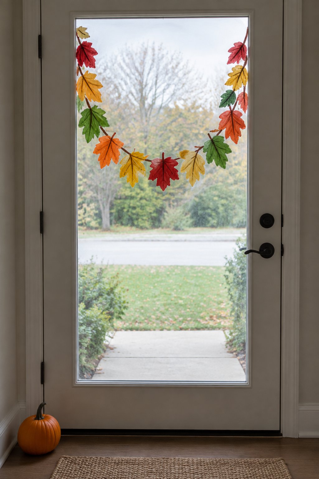 A garland of red, orange, gold and green leaves painted curving across the top of a front door's glass.