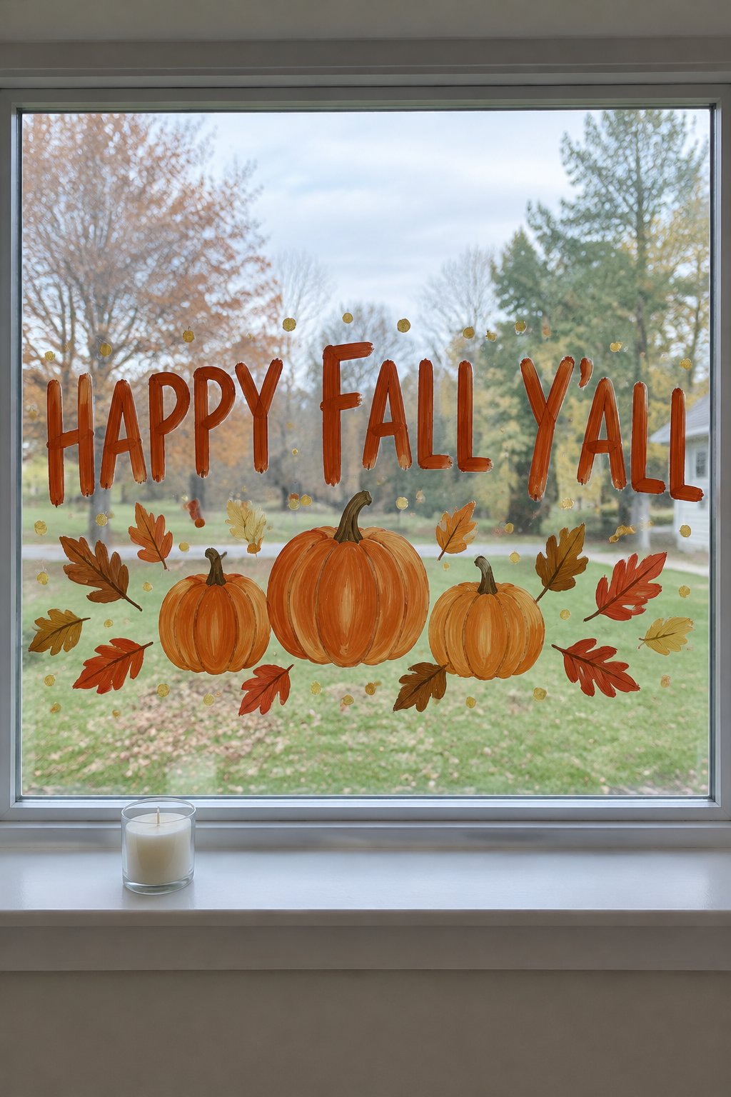 Happy Fall Y'all in rust lettering above painted pumpkins, leaves and gold dots on a large picture window.