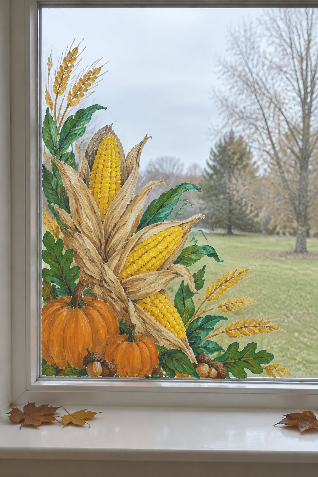A bundle of corn with tan husks, pumpkins and wheat painted up the corner of a large window.