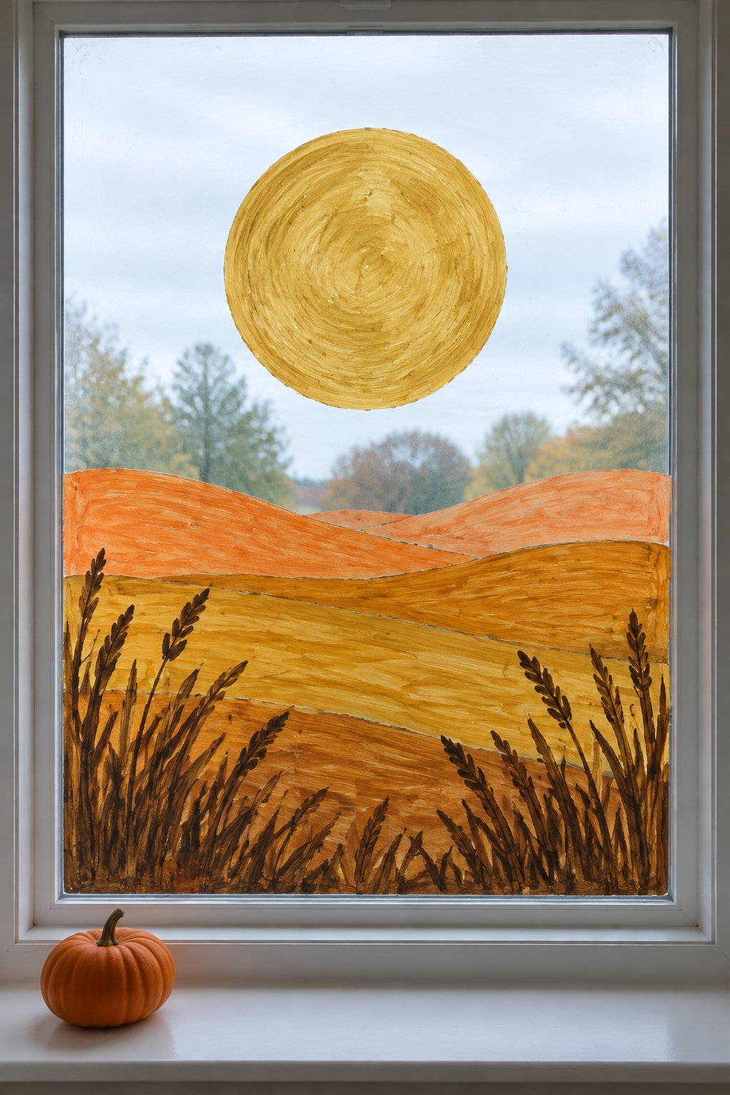 A gold harvest moon above rolling amber and orange fields with dark grasses, painted across a window.