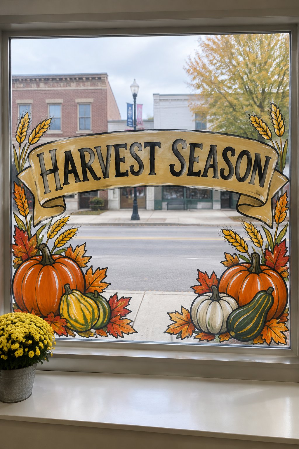 A tan Harvest Season banner above pumpkins, gourds, wheat and fall leaves in the lower corners, painted on a storefront window.