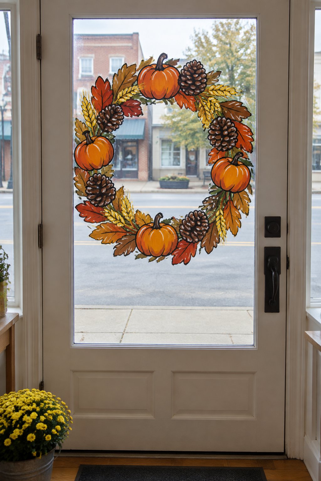A round harvest wreath of orange pumpkins, pinecones, gold wheat and copper leaves painted on the glass of a shop door.