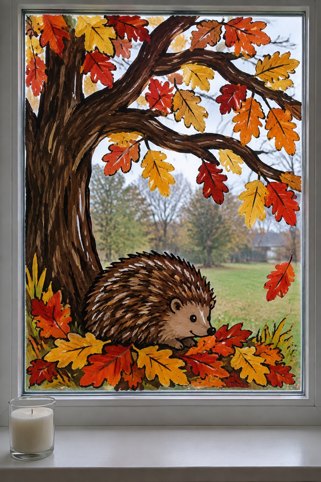 A brown hedgehog curled up in red, orange and gold fallen leaves under a big oak tree, painted on a window.