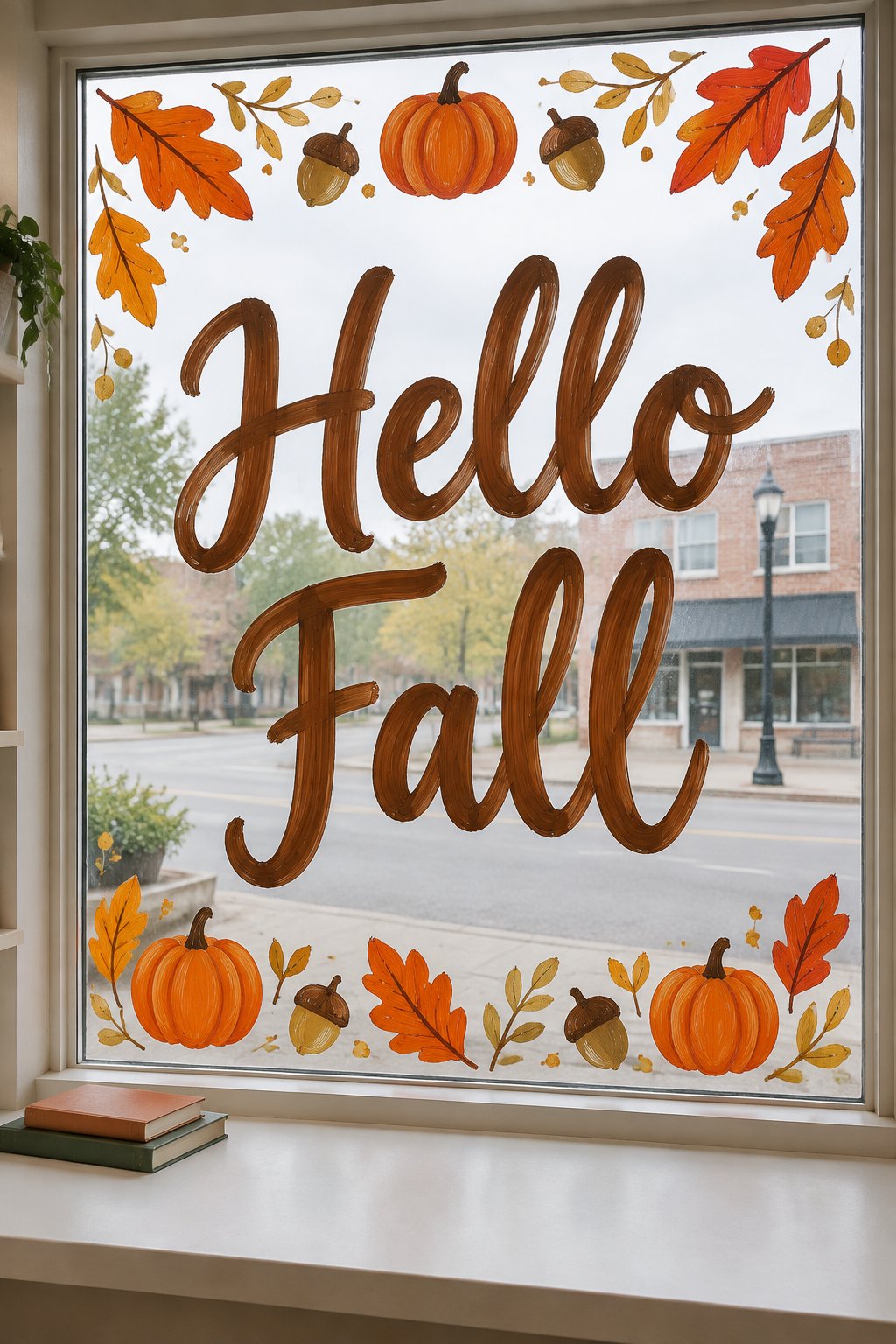 Hello Fall in large brown script, framed by orange leaves, acorns and pumpkins, painted on a shop window.