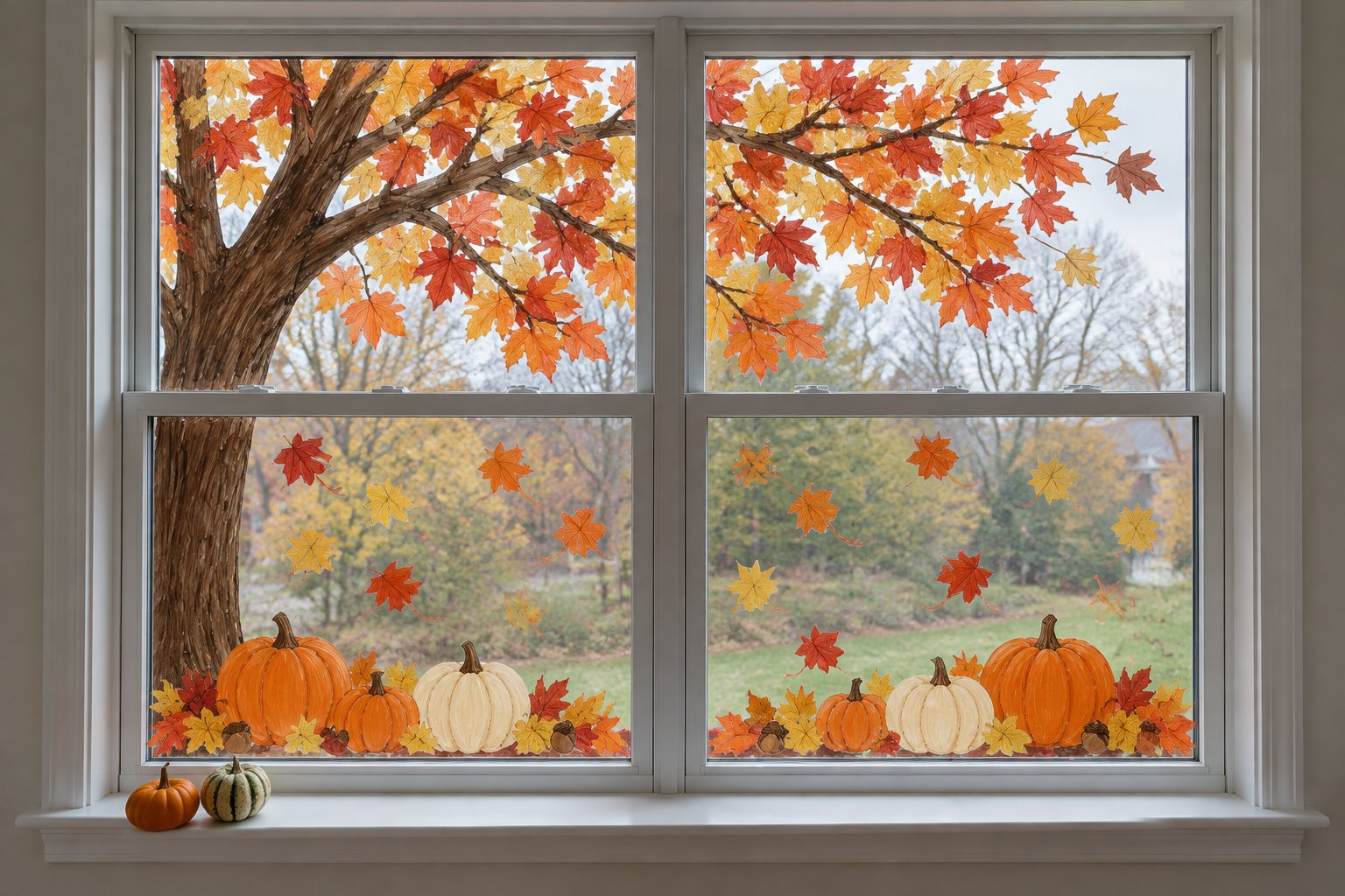 Fall window painting of a big maple tree with red and orange leaves, falling leaves, and a row of orange and cream pumpkins along the bottom of a double-hung window.