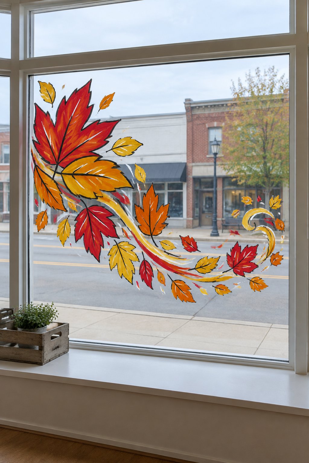 A flowing swirl of red, orange and gold maple leaves painted across a wide storefront window.