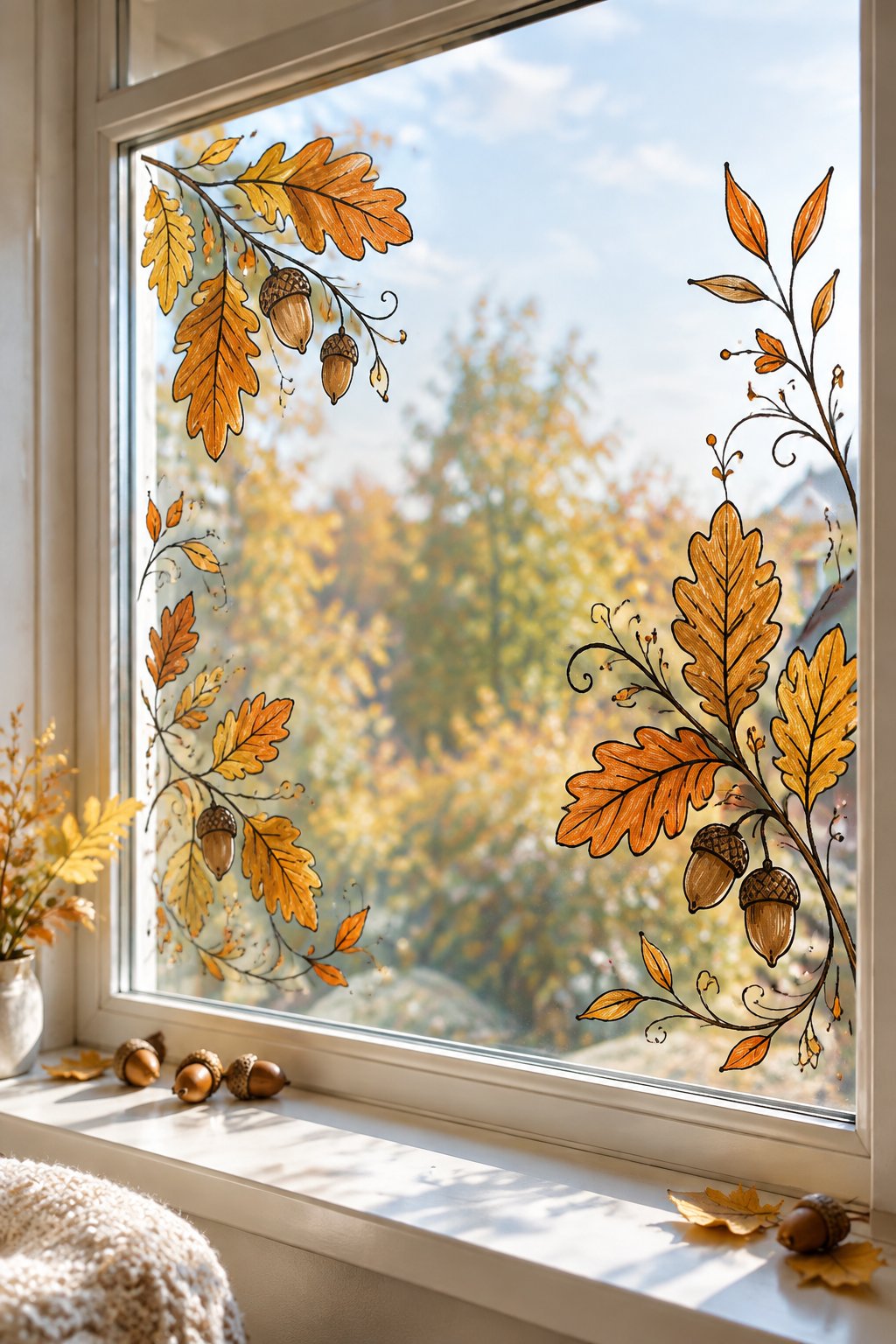 Acorns and oak leaves outlined in brown and filled with gold and orange, painted down the corners of a window.