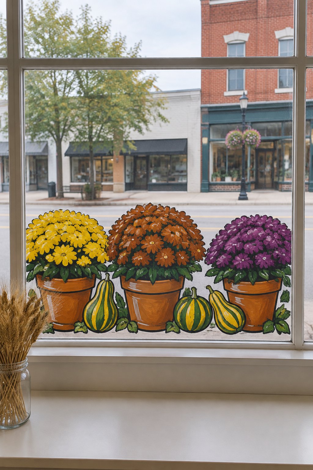 Yellow, rust and purple mums in clay pots with striped gourds between them, painted along the bottom of a flower shop window.