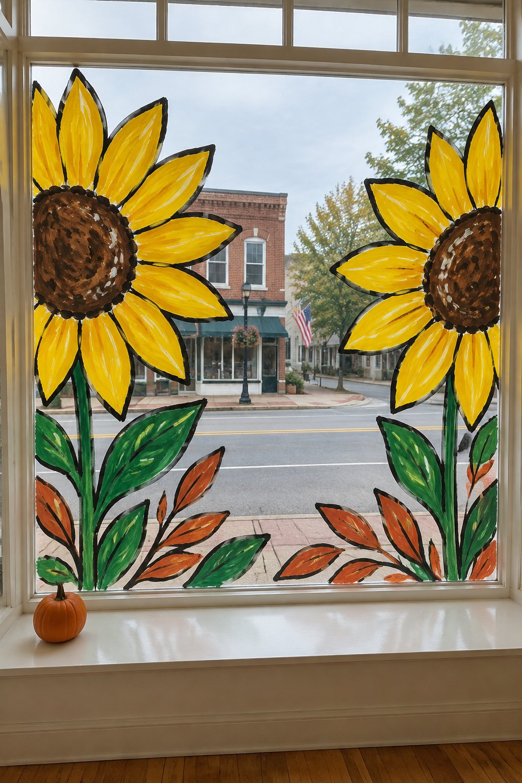 Two oversized yellow sunflowers with brown centers, green stems and rust-colored leaves painted on both sides of a storefront window facing a small-town street.