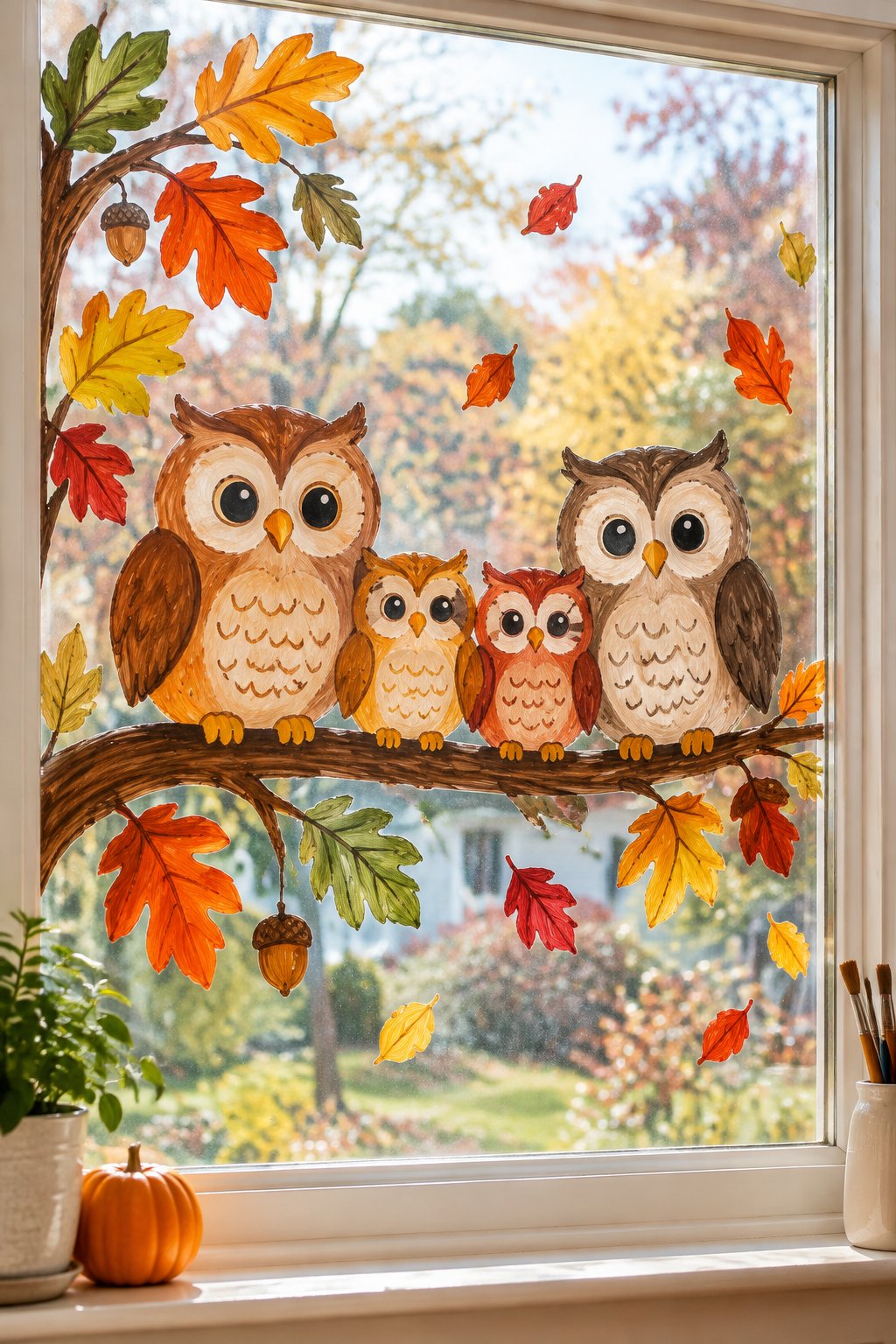 Four owls, two big and two small, sitting on a tree branch with fall leaves, painted across a window.