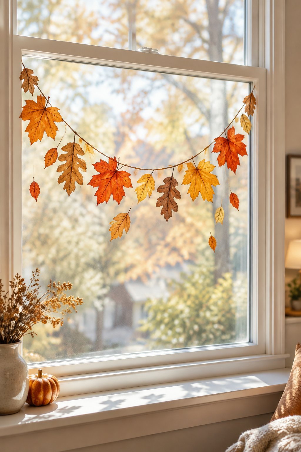 A garland of orange, gold and red painted leaves swooping across the top of a double-hung window.