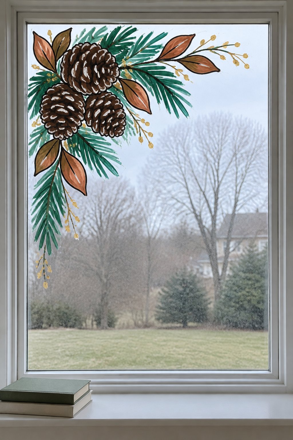 Brown pinecones with green pine boughs and copper leaves painted in the upper left corner of a large window.