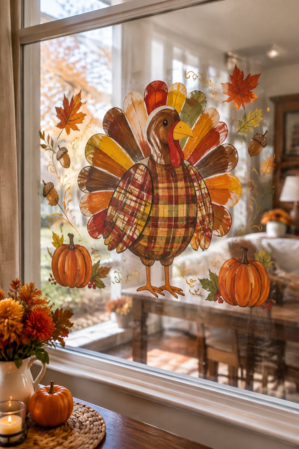 A turkey with a red, orange and cream plaid tail fan beside two pumpkins, painted on a window.