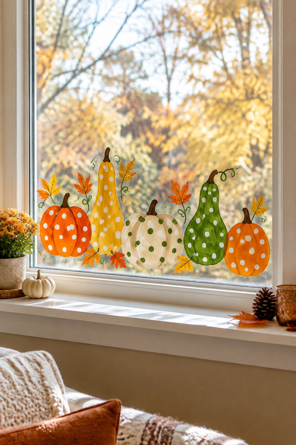 Orange, yellow, cream and green gourds covered in polka dots, painted along the bottom of a window.