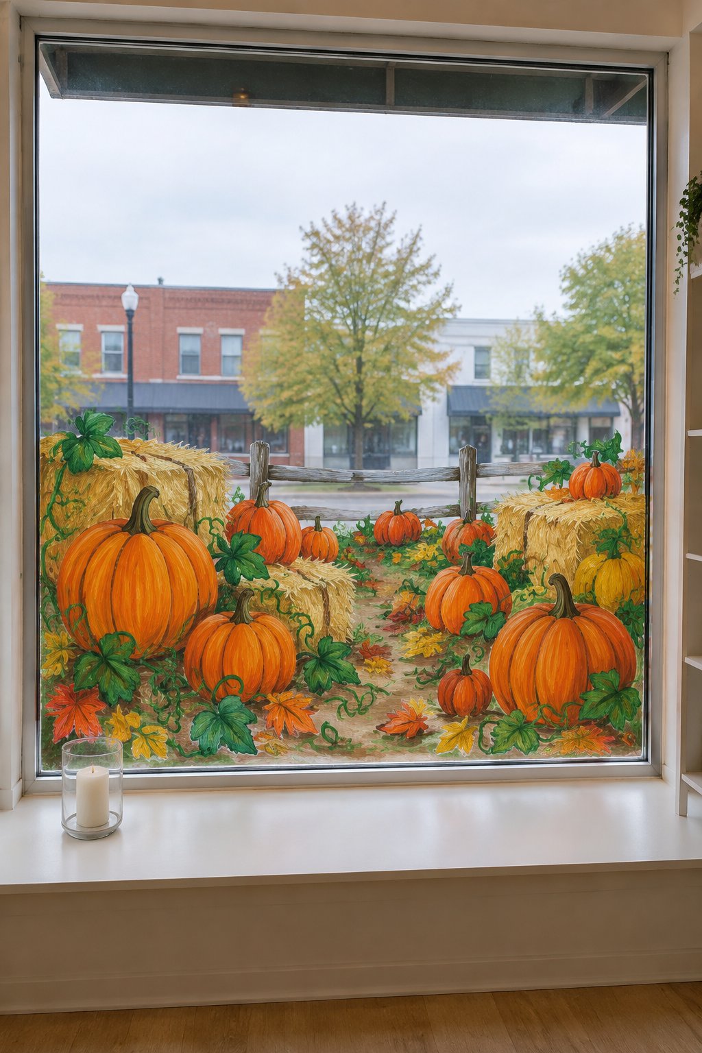 A pumpkin patch with hay bales, vines and leaves painted across the lower half of a shop front window.