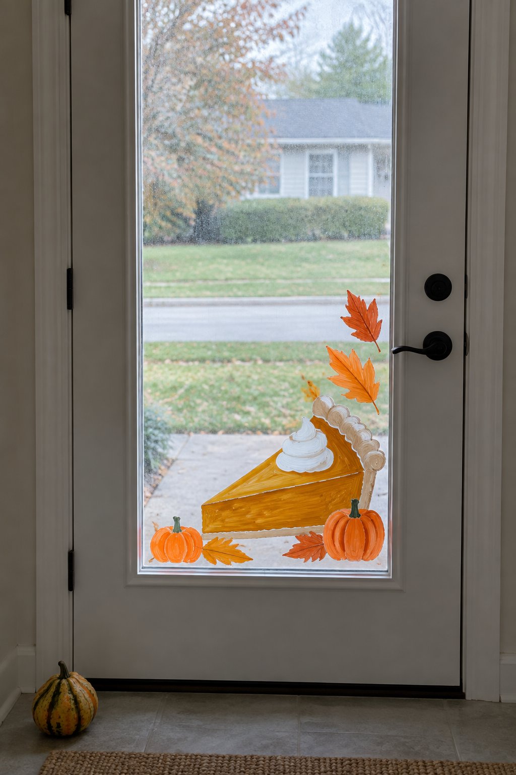 A slice of pumpkin pie with whipped cream and small pumpkins painted in the lower corner of a front door's glass.