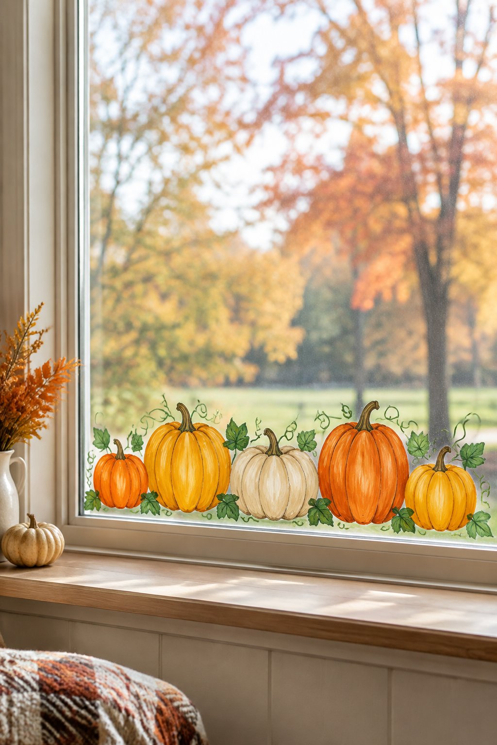 A row of orange, gold and cream pumpkins with green vines painted along the bottom of a wide window.