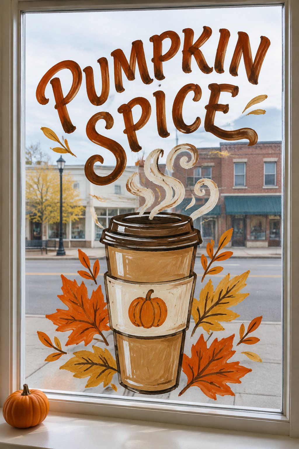 A pumpkin spice latte cup with a cream sleeve, curling steam, orange and gold leaves and brown Pumpkin Spice lettering, painted on a coffee shop window.