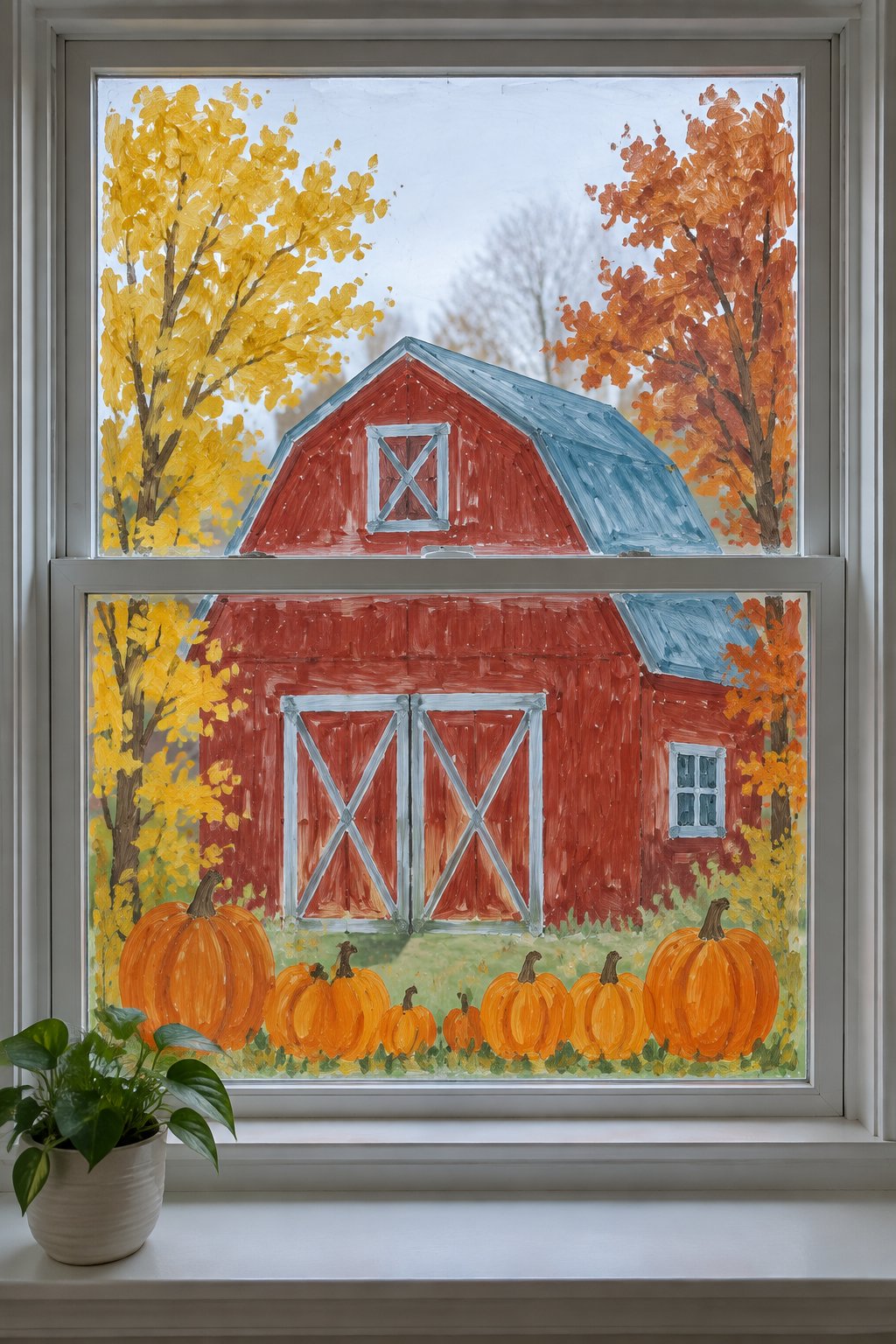 A red barn with a blue-gray roof, autumn trees and a row of pumpkins, painted on a double-hung window.
