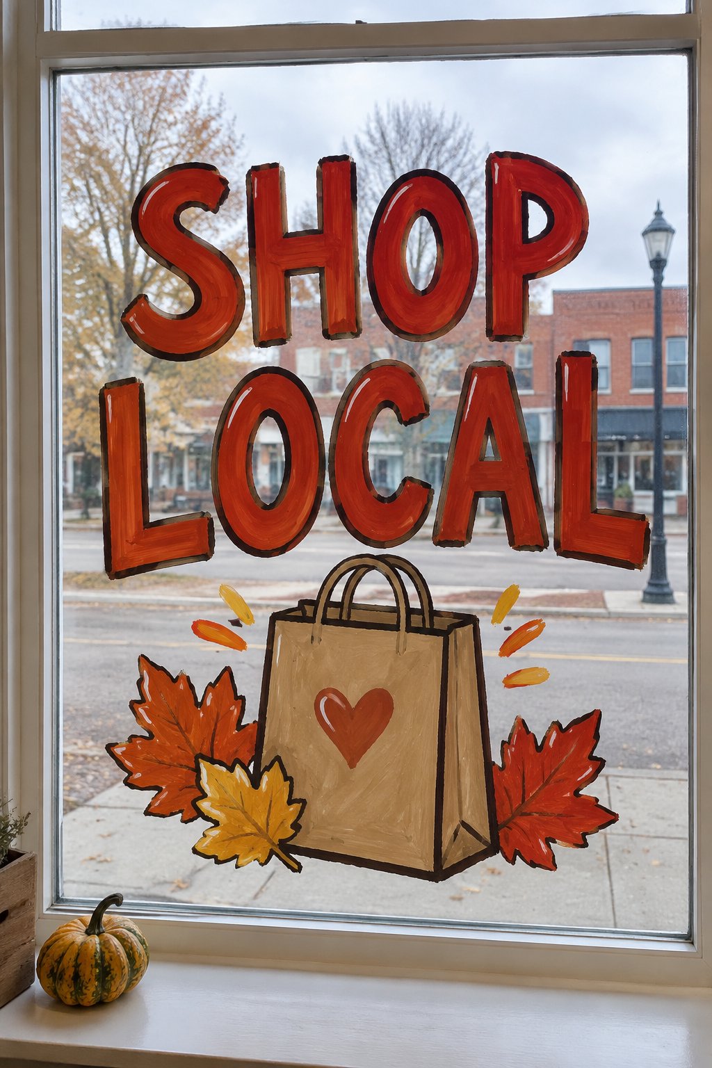 Red Shop Local lettering above a kraft shopping bag with a heart and red and gold maple leaves, painted on a storefront window.