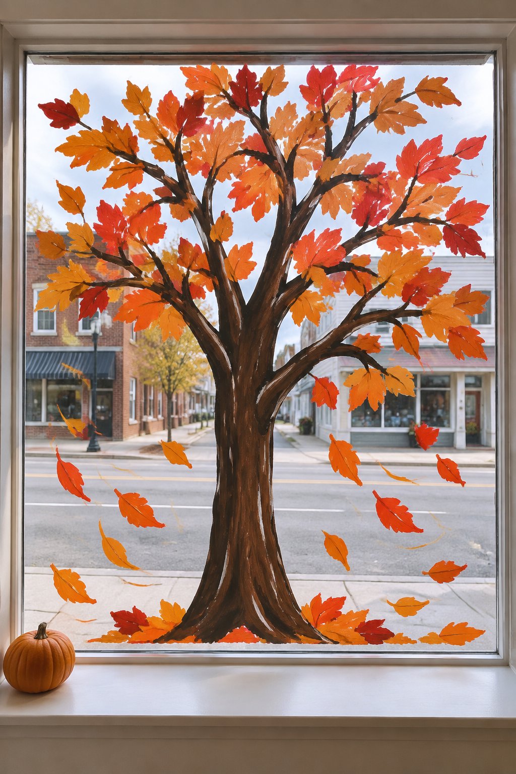 A lone fall tree with orange and red leaves blowing off its branches, painted in the center of a storefront window.
