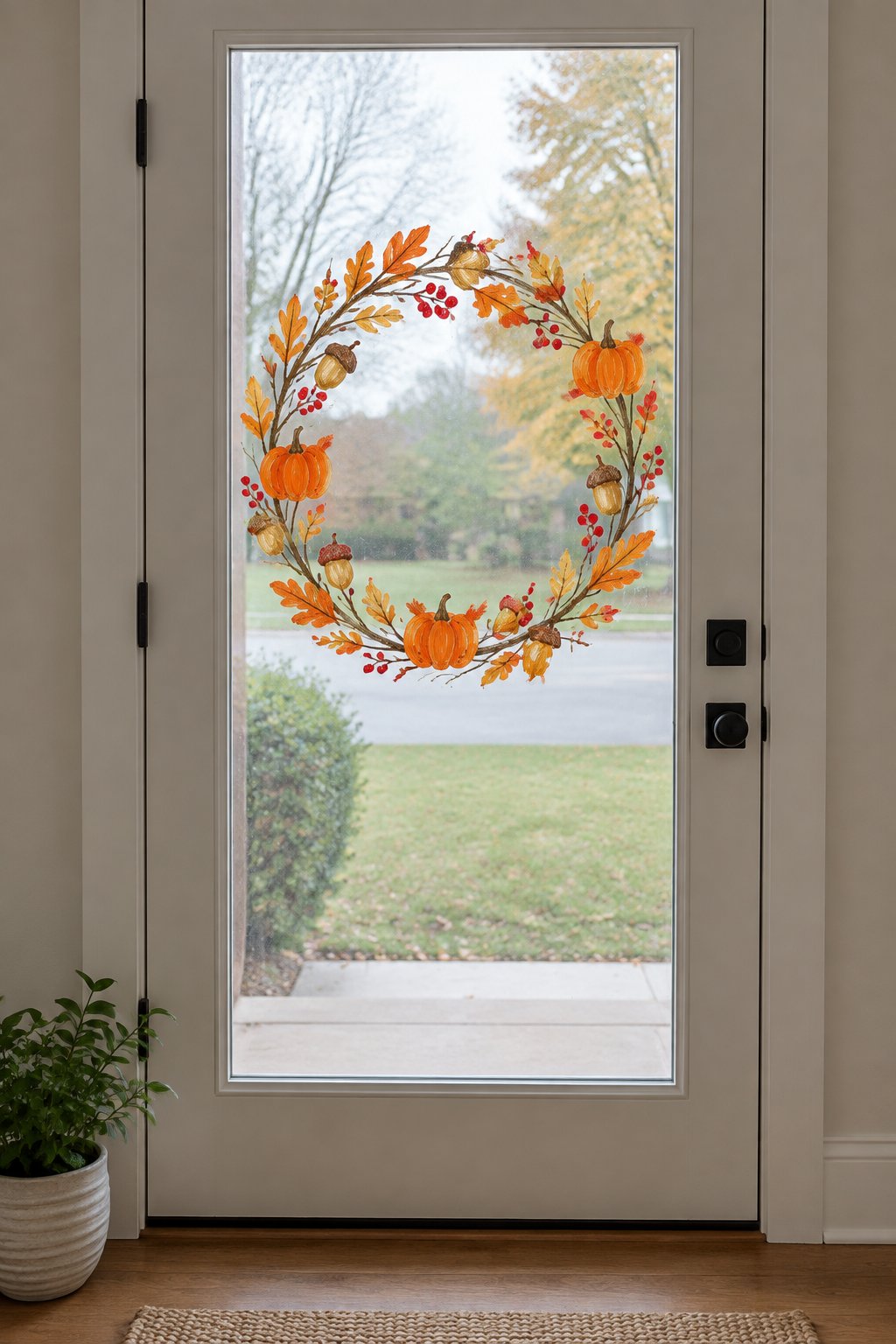 A sketched wreath of thin branches, orange leaves, acorns and tiny pumpkins drawn on the glass of a front door.