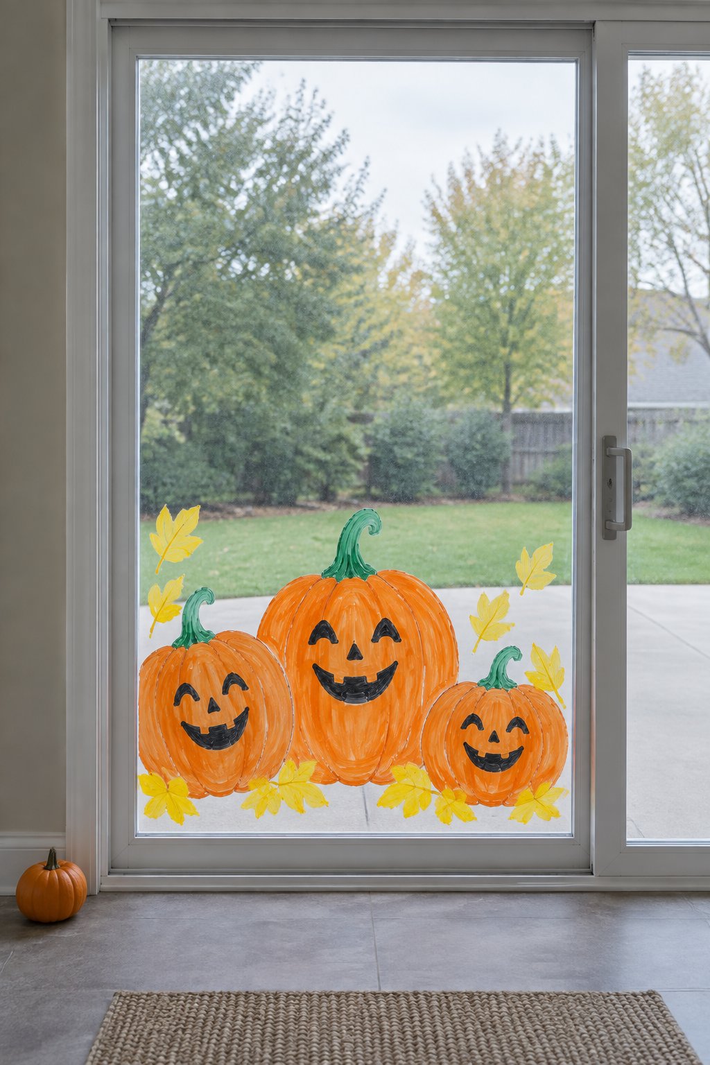Three smiling orange pumpkins with yellow leaves painted along the bottom of a sliding patio door.
