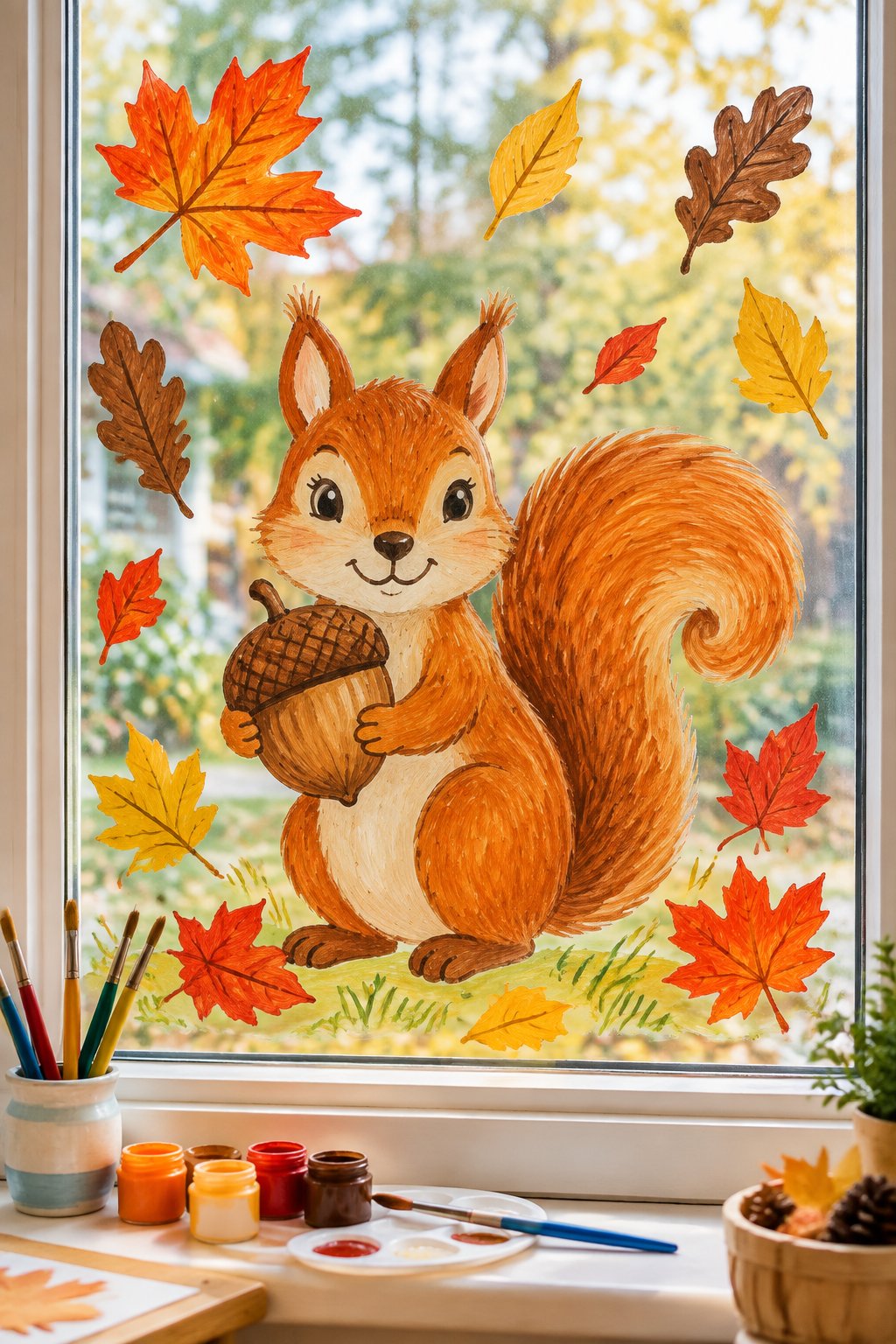 A smiling brown squirrel holding a big acorn, surrounded by fall leaves, painted on a window above a table of paint supplies.