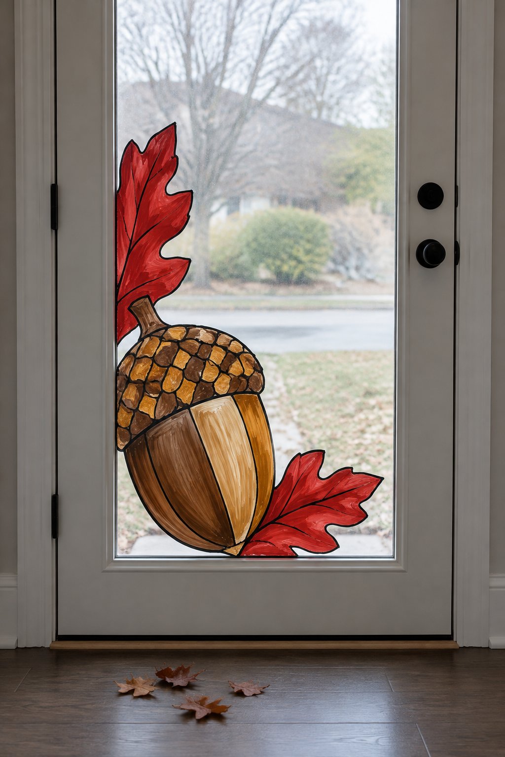 A stained glass style acorn with two red leaves painted in the corner of a front door's glass.