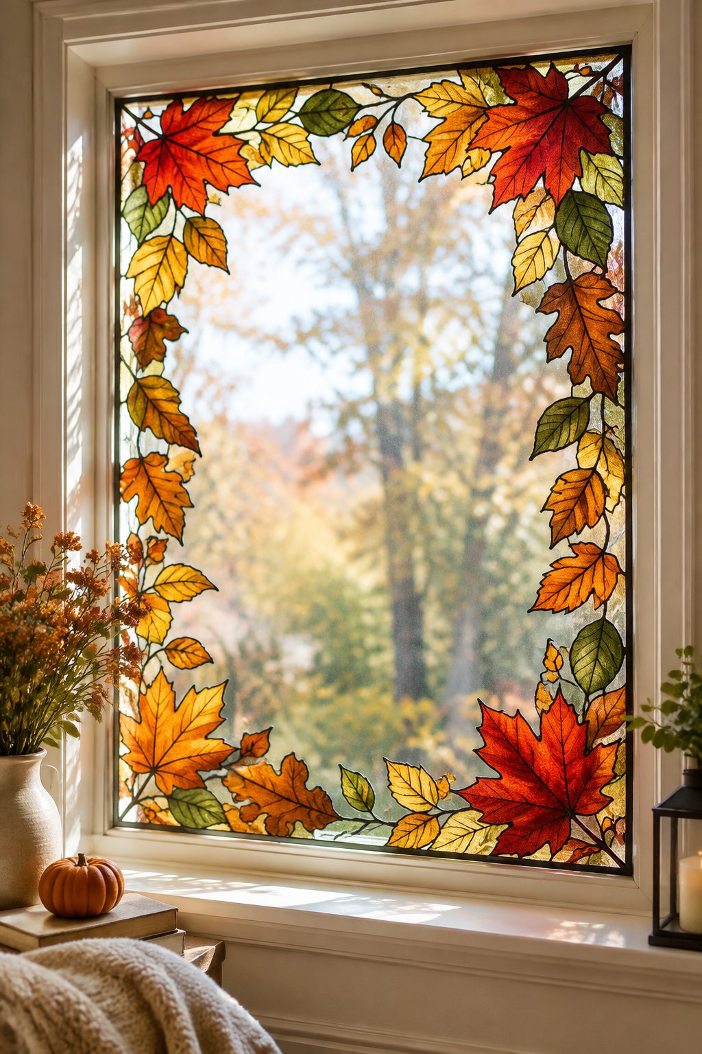 A border of stained glass style autumn leaves in red, orange, yellow and green painted around all four sides of a picture window.