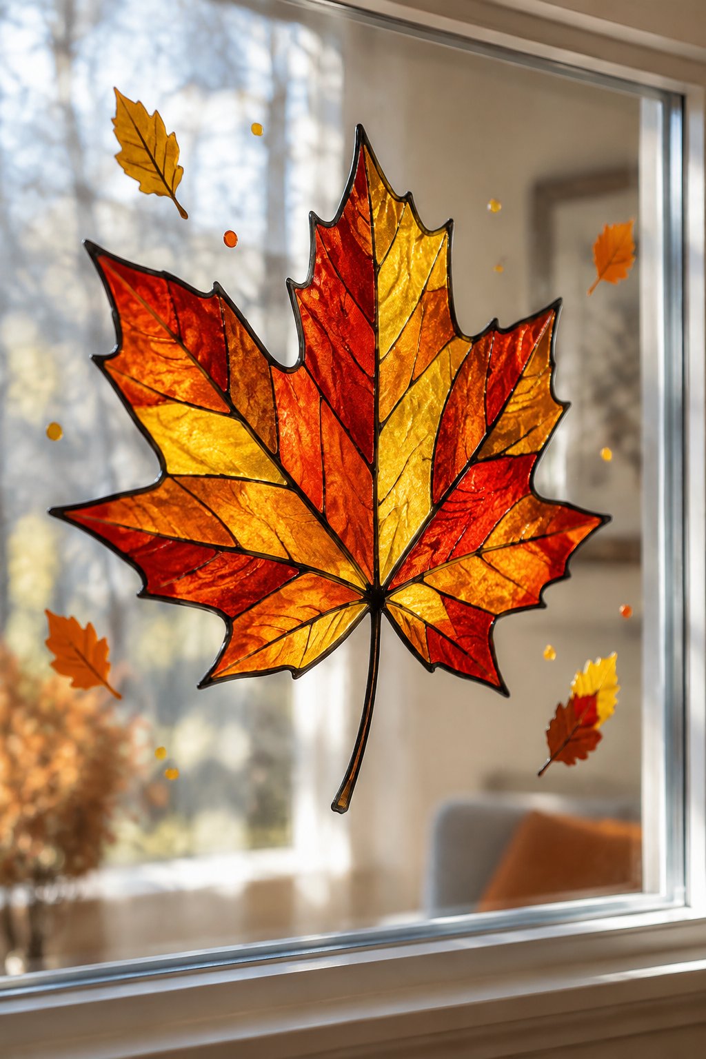 A stained glass style maple leaf in red, orange and gold with black lines, painted in the center of a window.