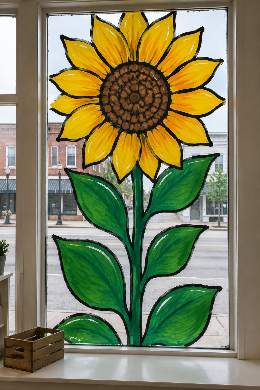 A tall sunflower with yellow petals, a brown center and big green leaves outlined in black, painted from top to bottom of a shop window.