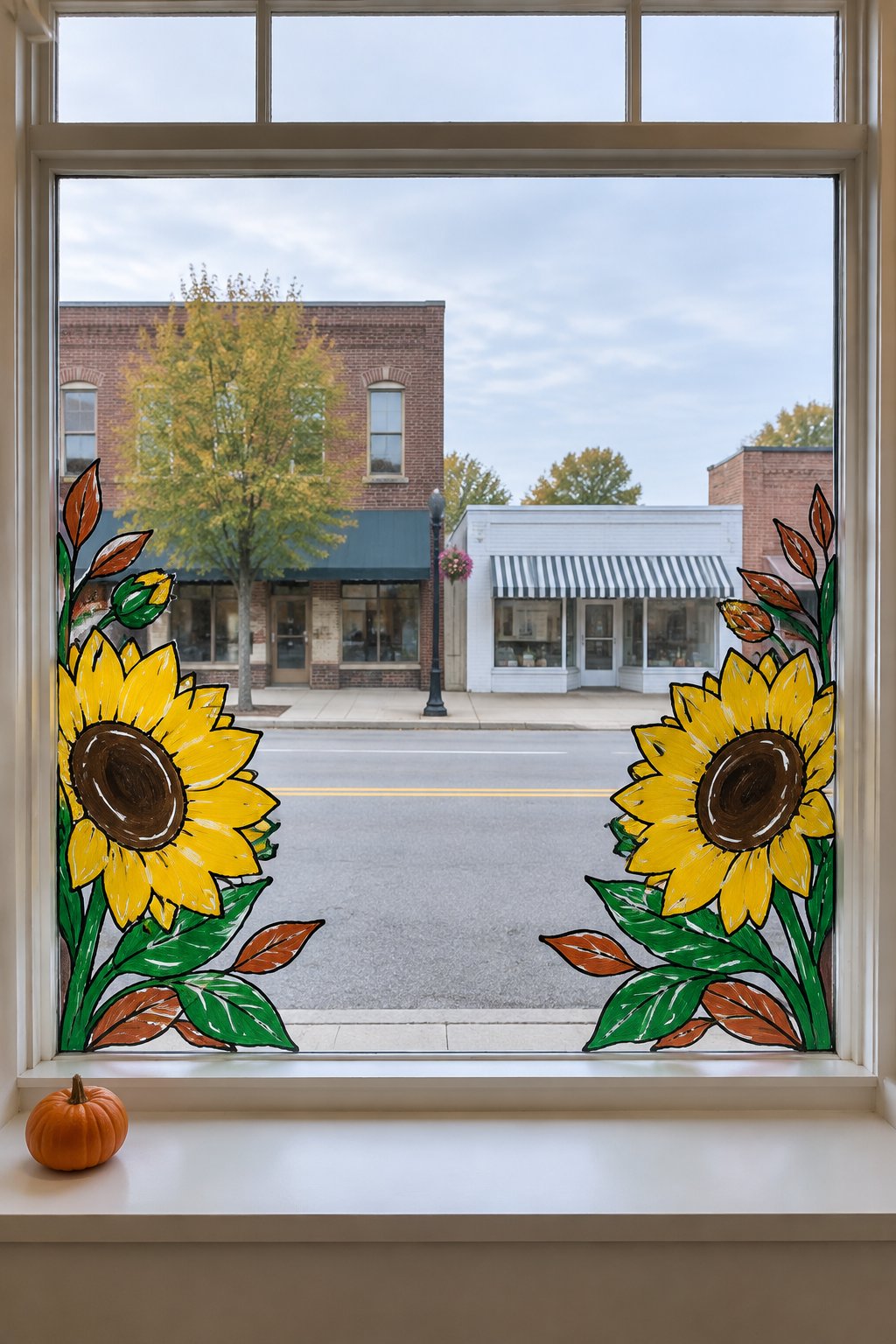 Two yellow sunflowers with brown centers, green stems and rust-colored leaves painted in the lower corners of a storefront window.