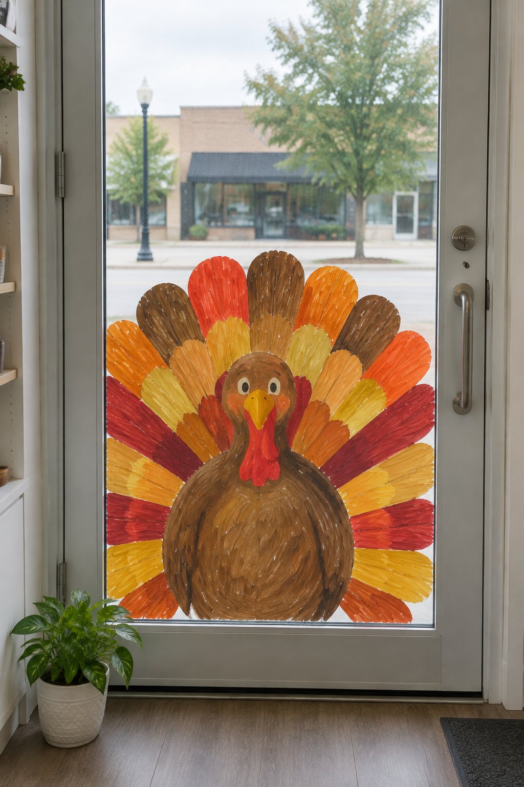 A turkey with a big red, orange and gold feather fan painted on the lower half of a shop door's glass.