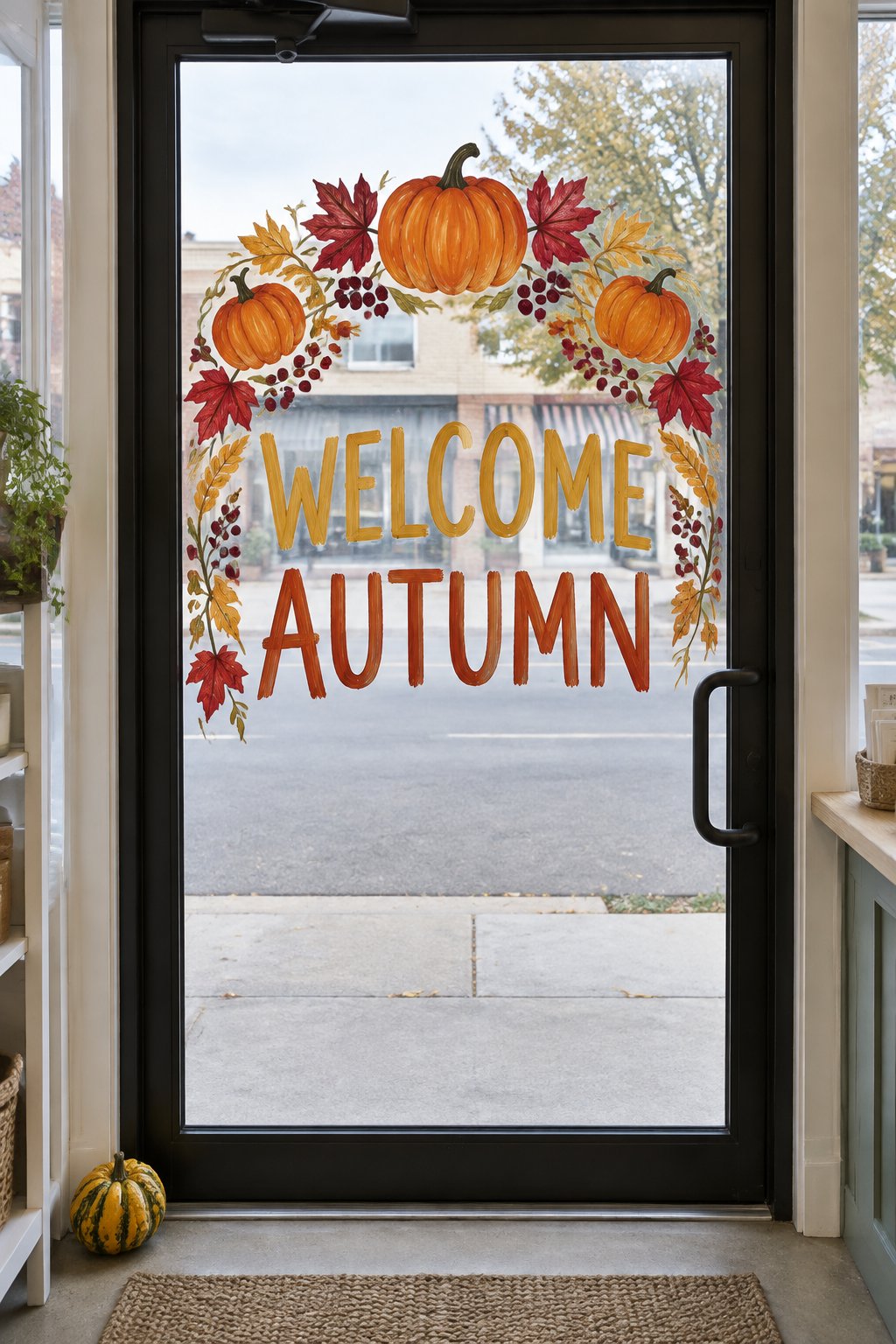 Welcome Autumn lettered under an arch of red leaves, berries and pumpkins on the glass of a shop door.