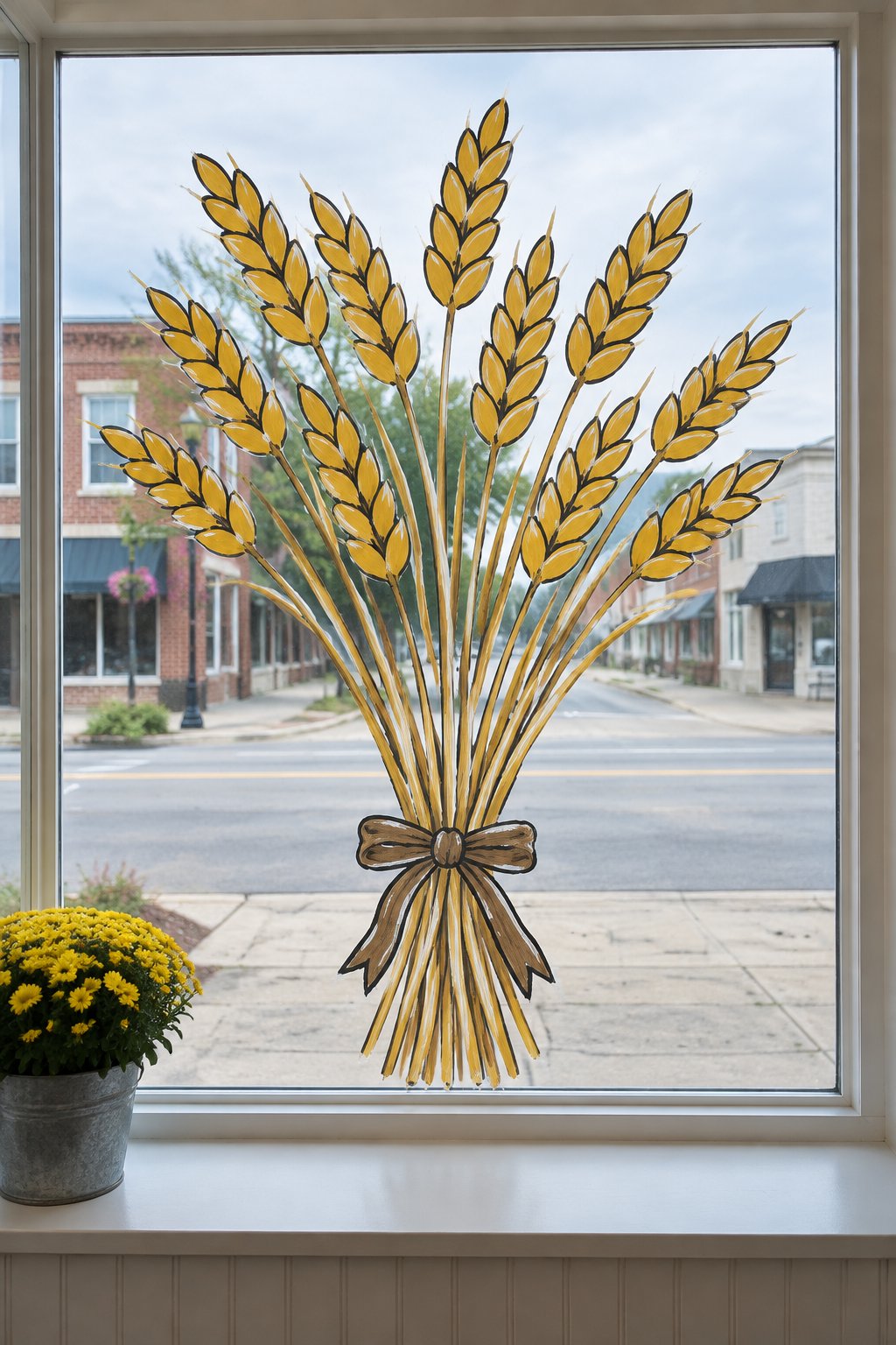 A bundle of golden wheat stalks tied with a brown bow, painted rising up the middle of a storefront window.