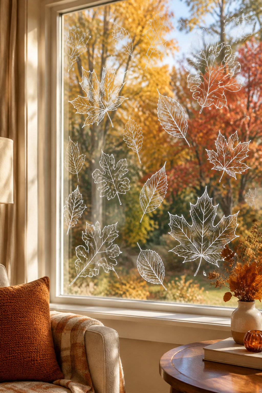 White outlines of maple and oak leaves drawn with a paint marker across a large living room window.