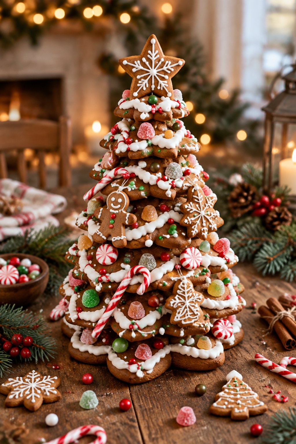 A decorated gingerbread Christmas tree covered with colorful candies and white icing on a festive wooden table.
